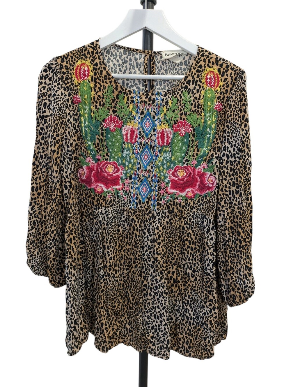 Savanna Jane Floral Embroidered Leopard Print Top Large Boho Western Cactus